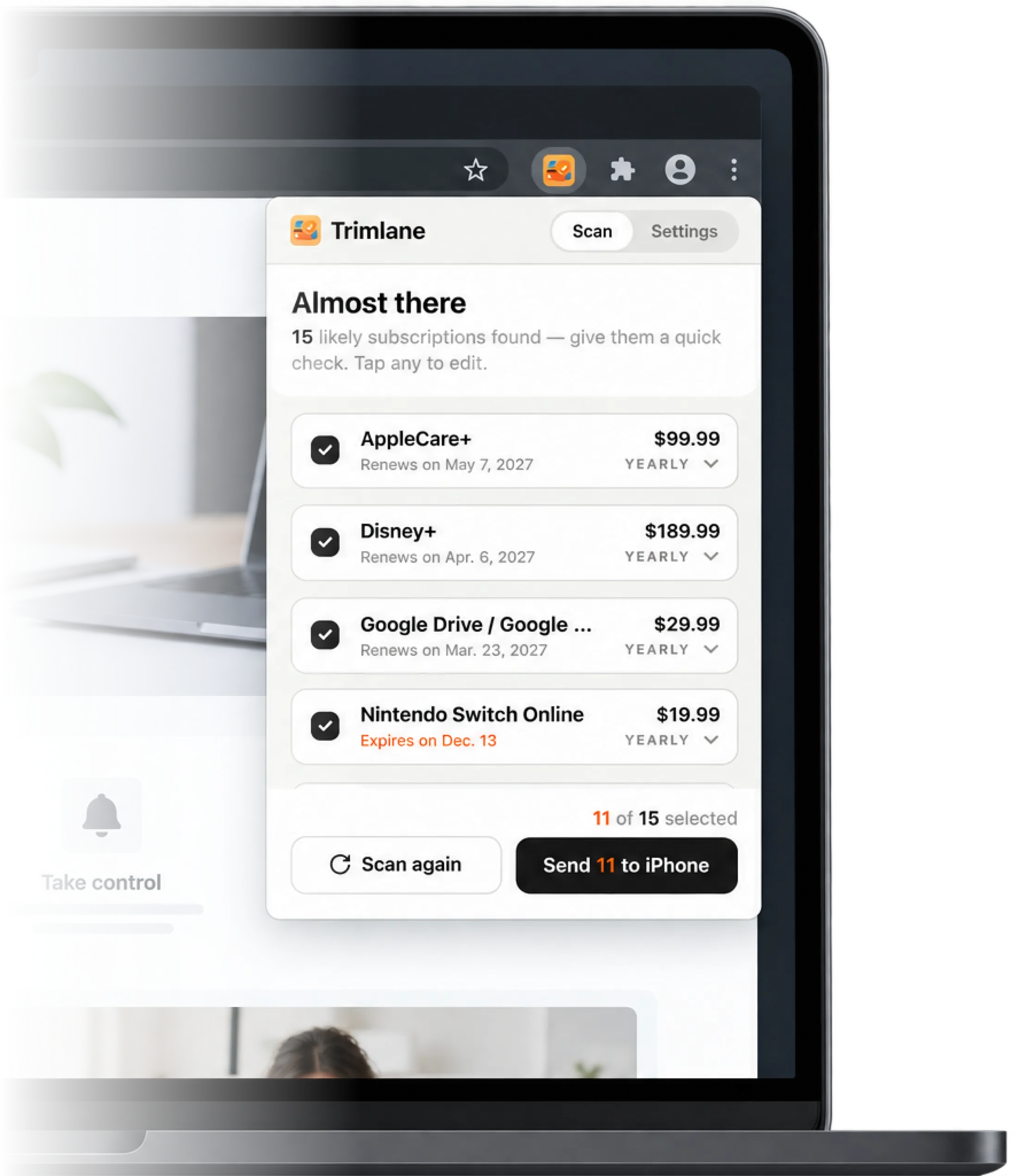 The Trimlane Chrome extension open in a browser, listing 15 subscriptions it found with 11 selected to send to the iPhone