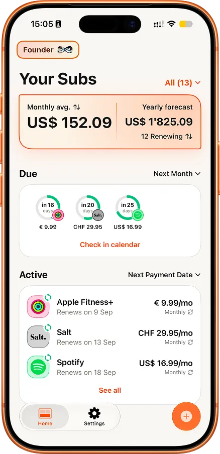 Trimlane home screen showing a US$152.09 monthly average, US$1,825.09 yearly forecast, upcoming renewals and active subscriptions