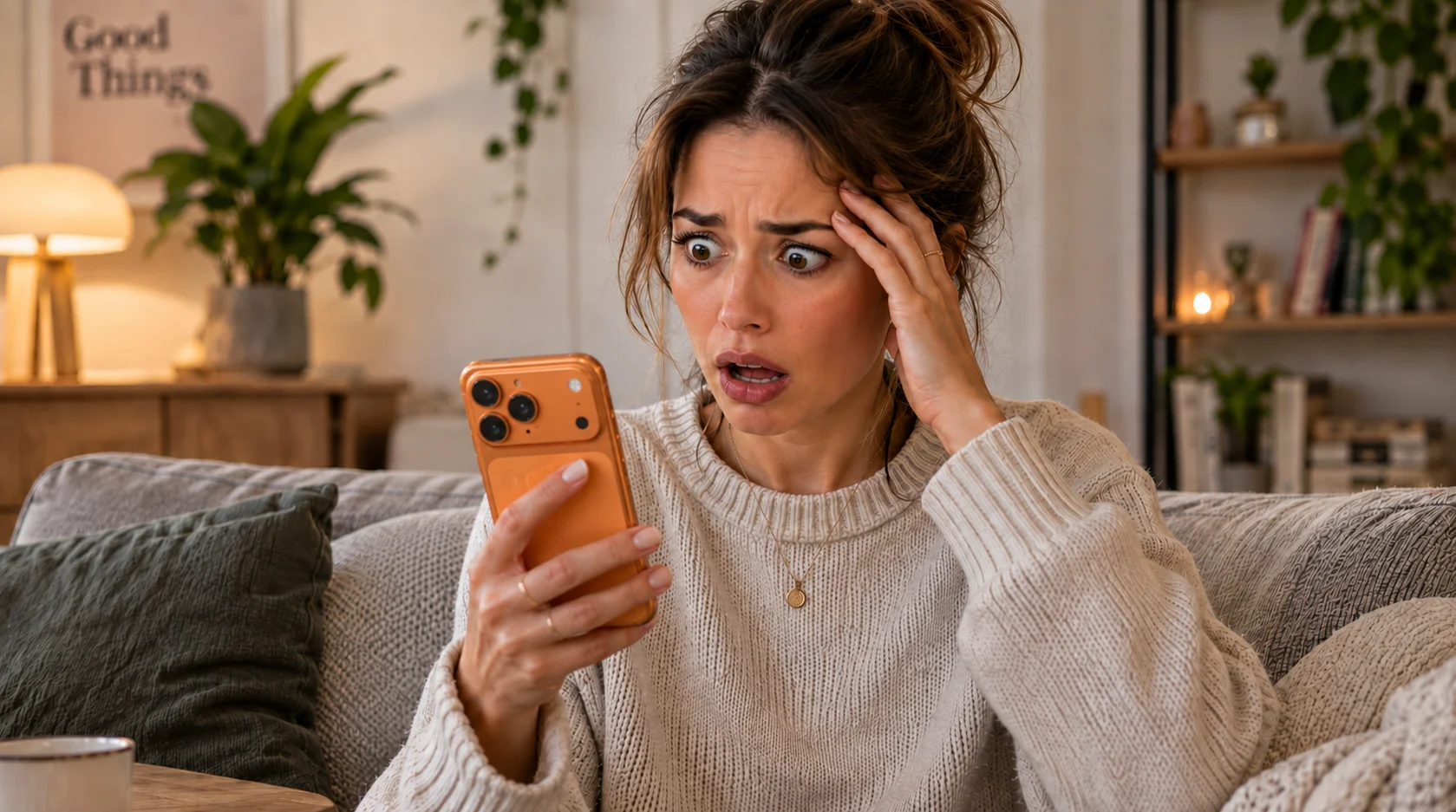 Woman looking shocked at her phone
