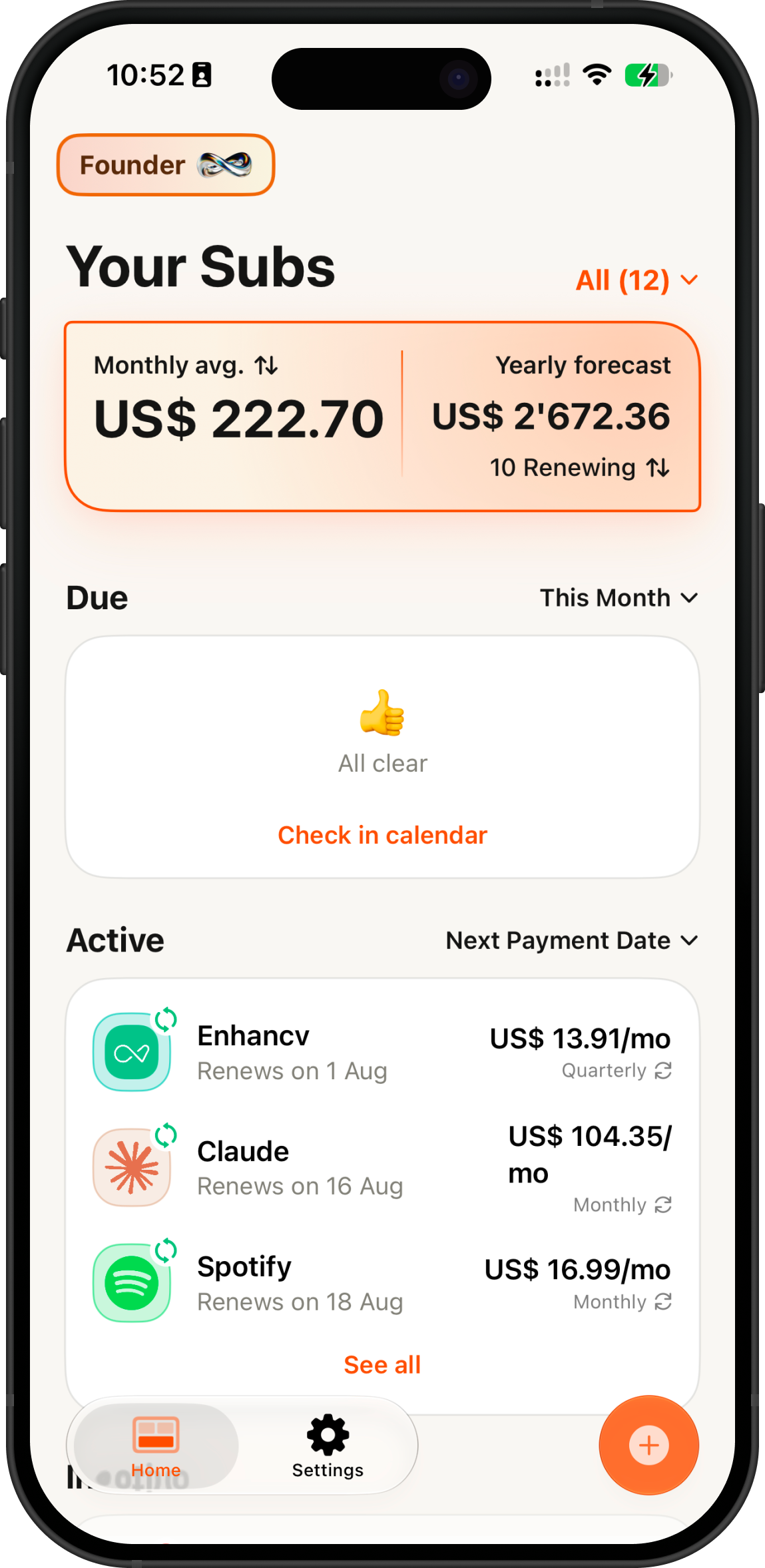 Trimlane home screen showing monthly average, yearly forecast, and a calendar of upcoming subscription charges