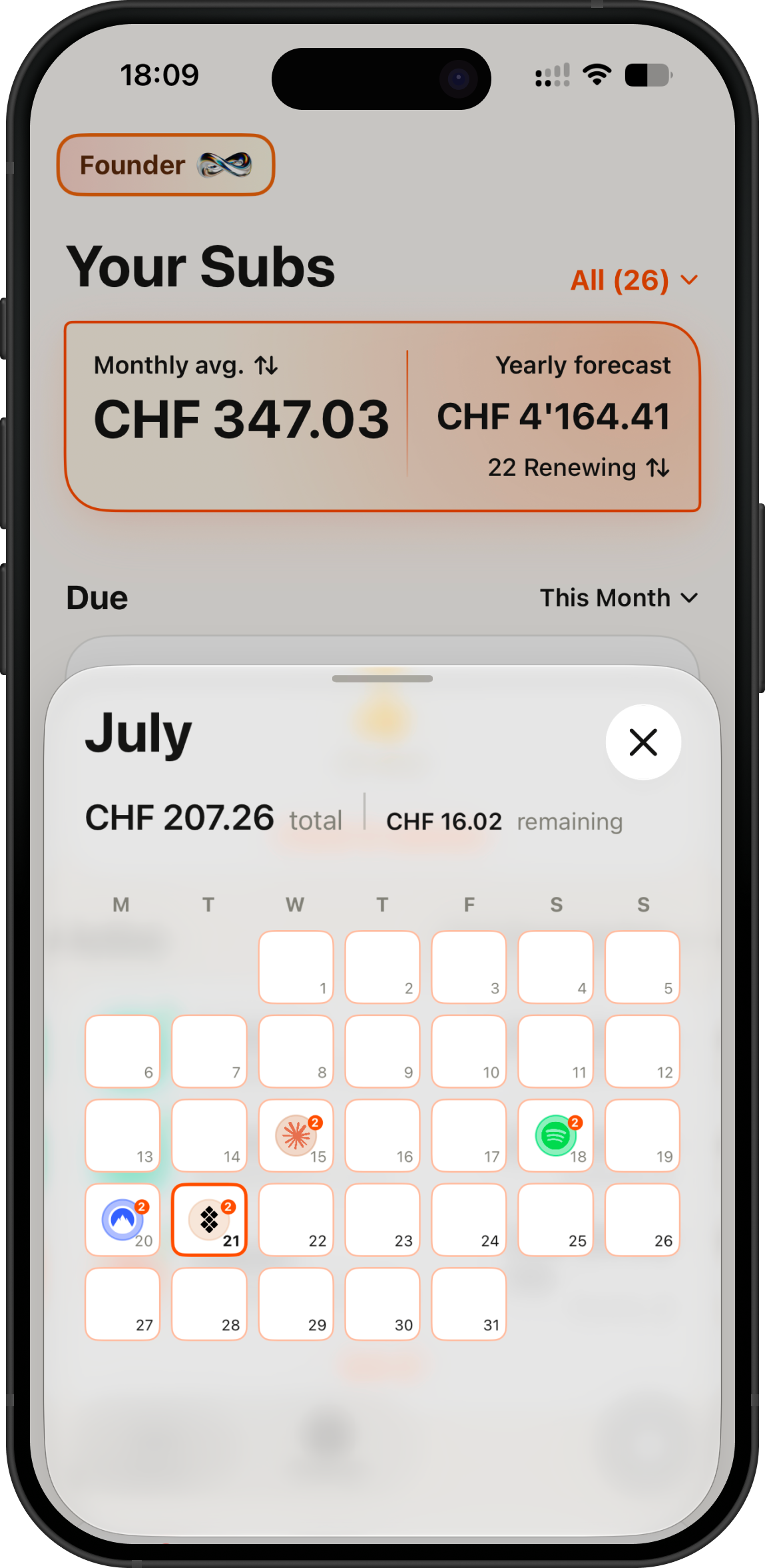 Trimlane calendar view showing due subscriptions and monthly total