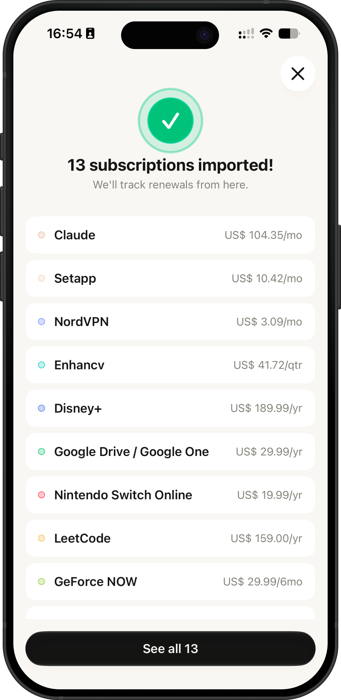 Trimlane import screen: 13 subscriptions imported, with services, prices and billing cycles listed